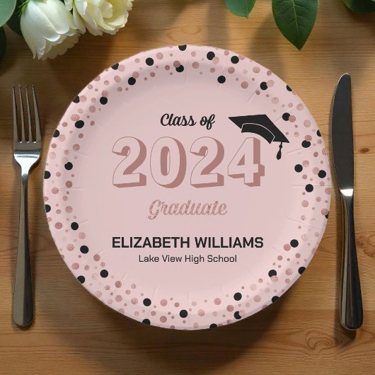 Rose Script Confetti Graduation Party Pink Pap Pappteller