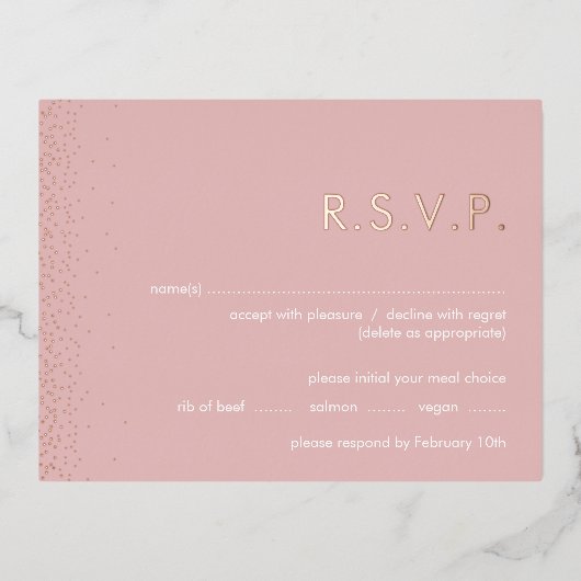 Rose Shimmer Folie Hochzeit RSVP Postkarte (Vorderseite)