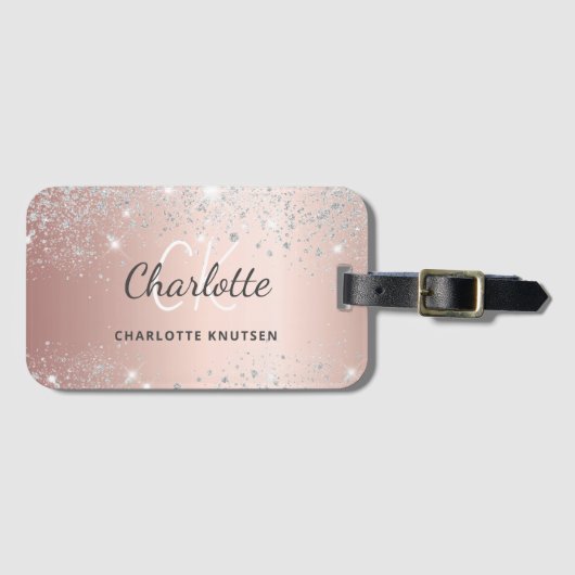 Rose silberne Monogrammnamenskript Gepäckanhänger (Vorderseite (Horizontal))