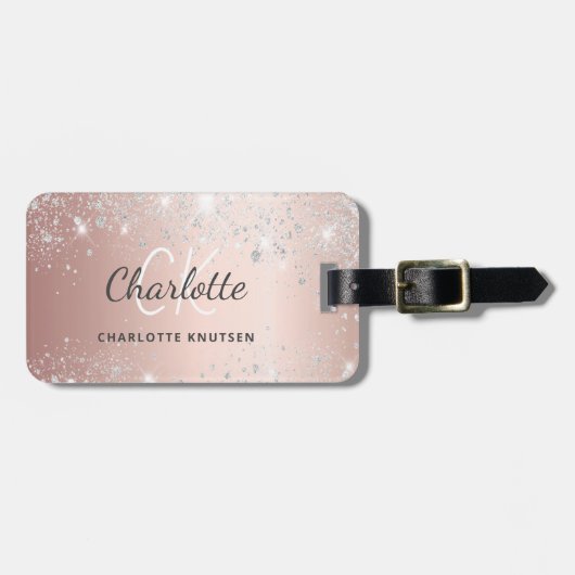 Rose silberne Monogrammnamenskript Gepäckanhänger (Vorderseite horizontal)