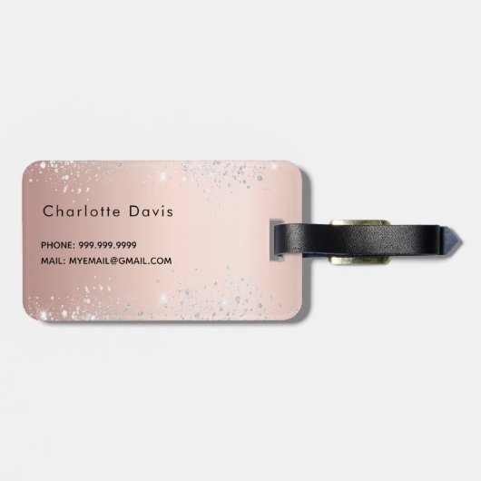 Rose silberne Monogrammnamenskript Gepäckanhänger (Rückseite horizontal)