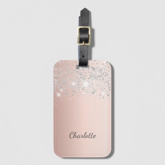 Rose silberne Monogrammnamenskript Gepäckanhänger (Vorderseite Vertikal)