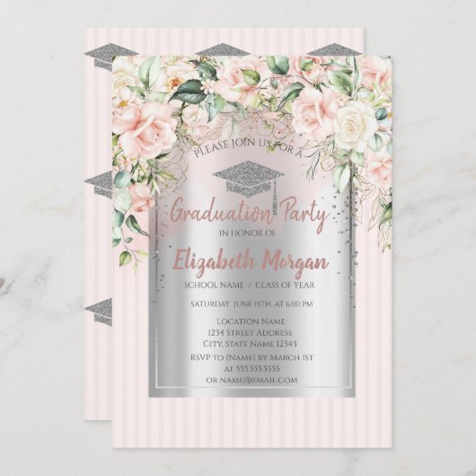 Rose Silver Grad Cap Strip Abschluss Einladung (Vorne/Hinten)