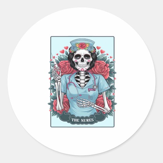 Rose Skeleton Nurse Tarot Card Halloween Es Runder Aufkleber (Vorderseite)