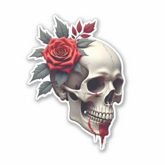 Rose Skeleton Skull Hand Red Flower Rose T-Shirt ( Aufkleber (Vorderseite)