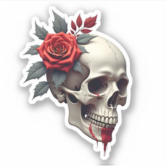 Rose Skeleton Skull Hand Red Flower Rose T-Shirt ( Aufkleber (Vorderseite)