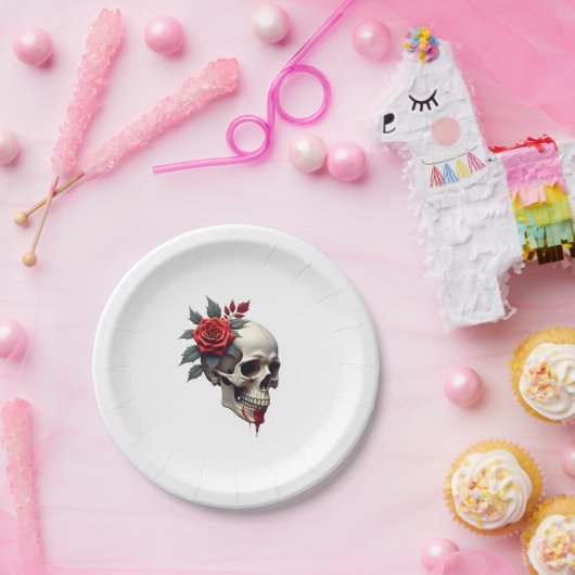 Rose Skeleton Skull Hand Red Flower Rose T-Shirt ( Pappteller (Party)