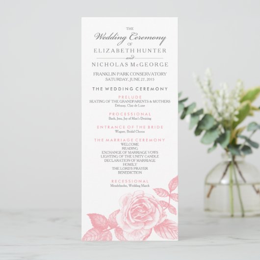 Rose Sketch Wedding Program in Pink Programm (Stehend Vorderseite)