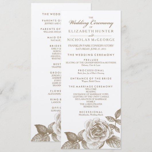 Rose Sketch Wedding Program in Sepia Programm (Vorne/Hinten)