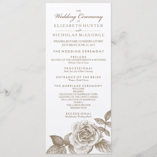 Rose Sketch Wedding Program in Sepia Programm (Vorderseite)