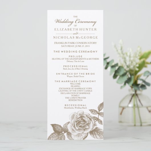 Rose Sketch Wedding Program in Sepia Programm (Stehend Vorderseite)