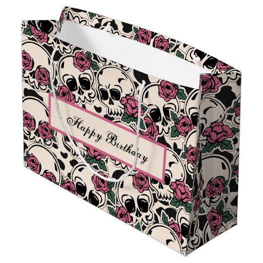 Rose Skull Pattern Geburtstag Große Geschenktüte (Rückseite Schrägansicht)