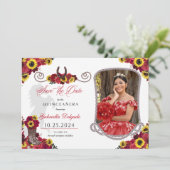 Rose Sonnenblumen Quinceañera Save the Date Foto Einladung (Stehend Vorderseite)