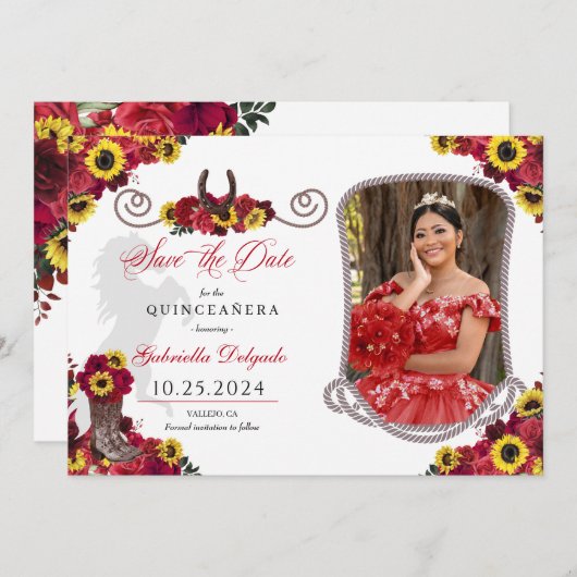 Rose Sonnenblumen Quinceañera Save the Date Foto Einladung (Vorne/Hinten)