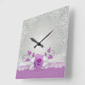 Rose Spitze Silber/Lila Damasuhr Quadratische Wanduhr (Winkel)