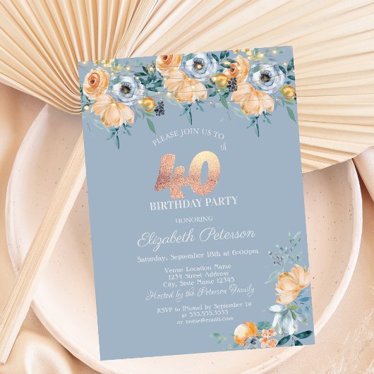 Rose String Lights Dusty Blue 40. Geburtstag Einladung