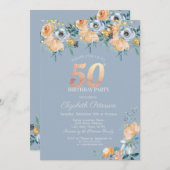 Rose String Lights Dusty Blue 50. Geburtstag Einladung (Vorne/Hinten)