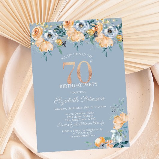 Rose String Lights Dusty Blue 70. Geburtstag Einladung