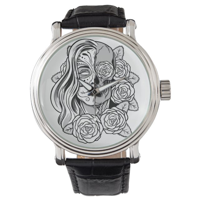 Rose Sugar Skull Girl Armbanduhr (Vorderseite)