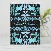 Rose Sweet16 Damask Blue Birthday Einladung (Stehend Vorderseite)