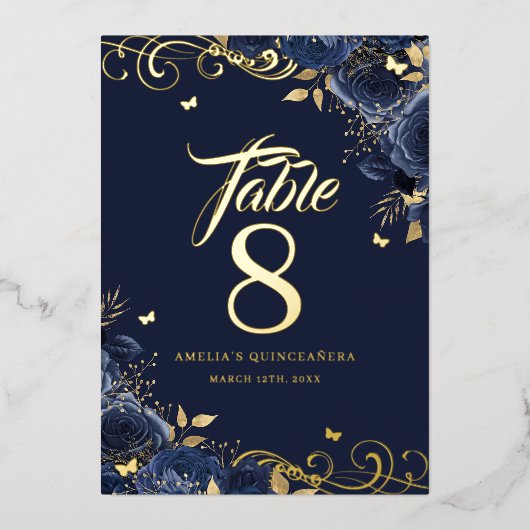 Rose Swirl Navy Quinceanera Gold Table Number Folieneinladung (Vorderseite)