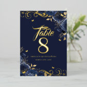 Rose Swirl Navy Quinceanera Gold Table Number Folieneinladung (Stehend vorne)