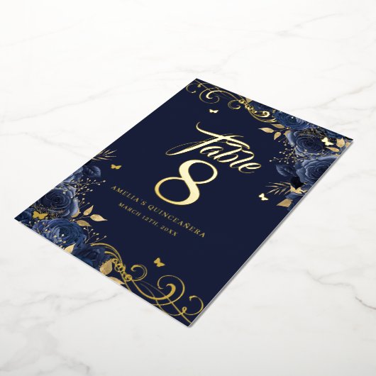 Rose Swirl Navy Quinceanera Gold Table Number Folieneinladung (Gedreht)