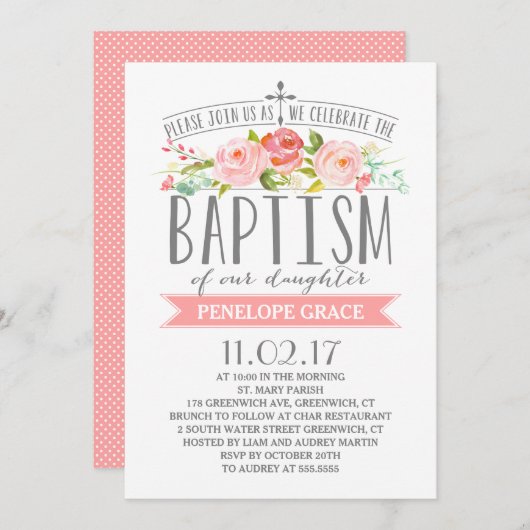 Rose | Taufe für Mädchen Einladung (Vorne/Hinten)