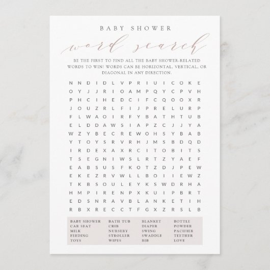 Rose Taupe Baby Shooter Word Search Game Card Einladung (Vorderseite)