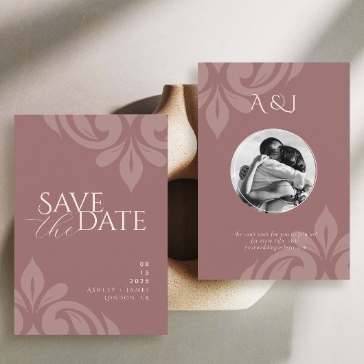 Rose Taupe Classic Script Damask Foto Hochzeit Save The Date