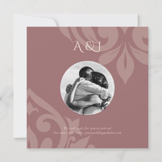 Rose Taupe Damask Elegantes klassisches Foto Hochz Save The Date (Rückseite)