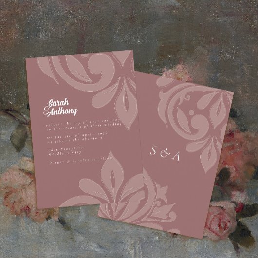 Rose Taupe Geschmackvolle Elegante Script Damask H Einladung