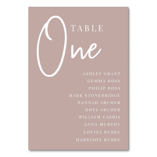 Rose Taupe Hand Scripted Tabelle ONE + Gästebamen Tischnummer (Vorderseite)