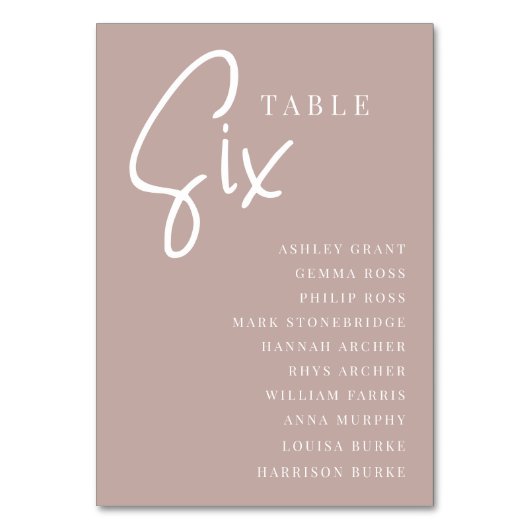 Rose Taupe Hand Scripted Tabelle SIX + Gästebamen Tischnummer (Rückseite)