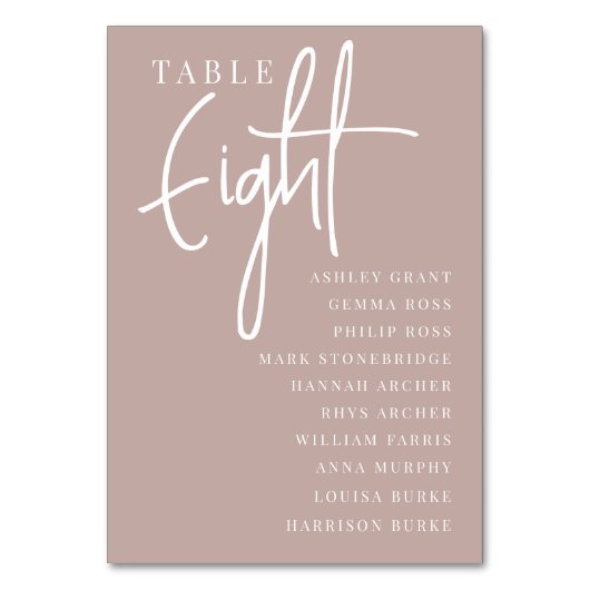 Rose Taupe Hand Scripted Table Aight + Guest Names Tischnummer (Rückseite)