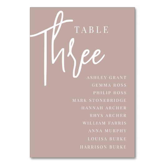 Rose Taupe Hand Scripted Table DREE + Guest Names Tischnummer (Vorderseite)