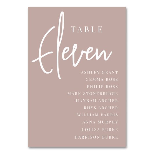 Rose Taupe Hand Scripted Table ELEVEN Guest Names Tischnummer (Vorderseite)
