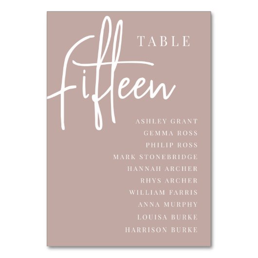 Rose Taupe Hand Scripted Table FIFTEEN Guest Names Tischnummer (Vorderseite)