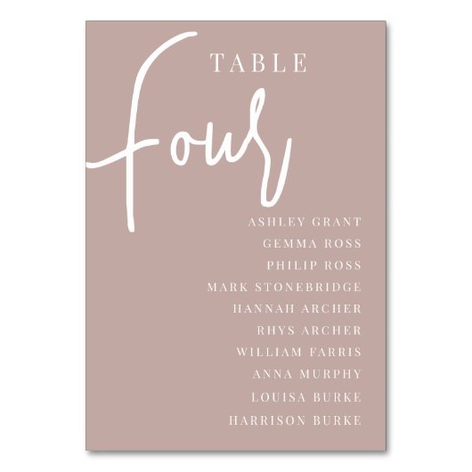 Rose Taupe Hand Scripted Table FOUR + Guest Names Tischnummer (Vorderseite)