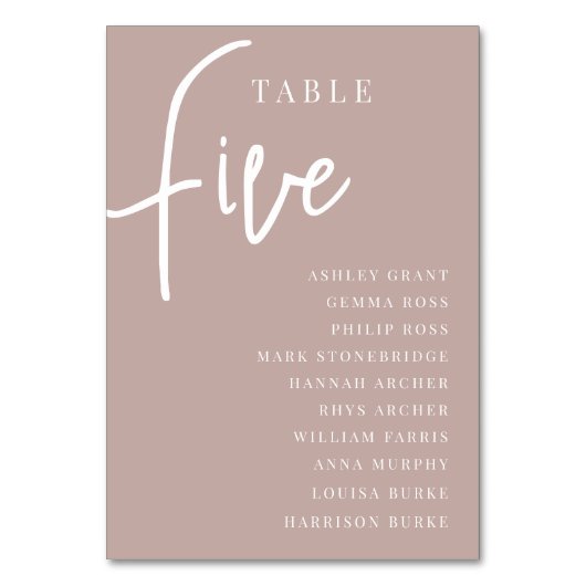 Rose Taupe Hand Scripted Table FÜV + Guest Names Tischnummer (Rückseite)