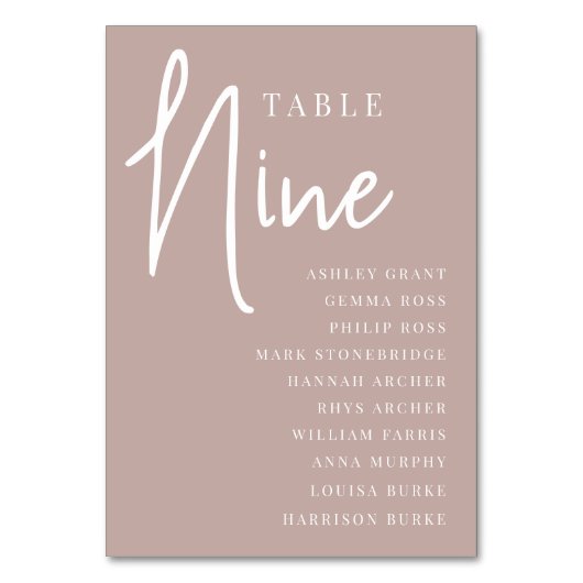 Rose Taupe Hand Scripted Table NINE + Guest Names Tischnummer (Rückseite)