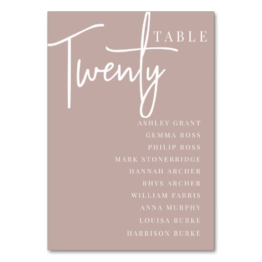 Rose Taupe Hand Scripted Table TWENTY Guest Names Tischnummer (Vorderseite)