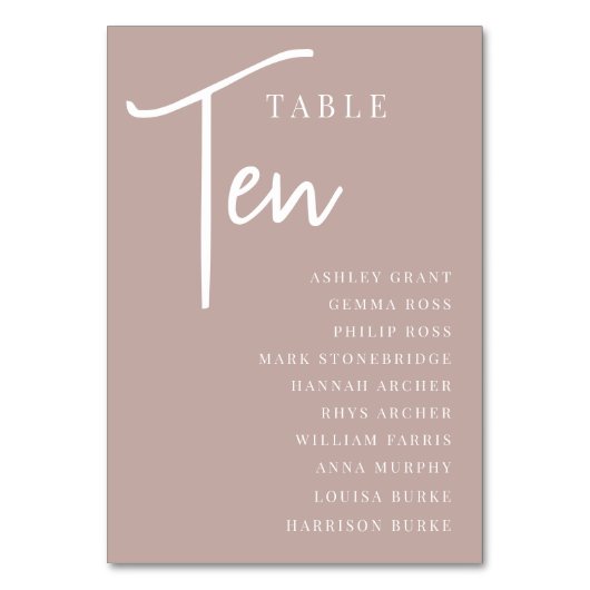 Rose Taupe Hand Skript Tabelle TEN + Gästebamen Tischnummer (Rückseite)