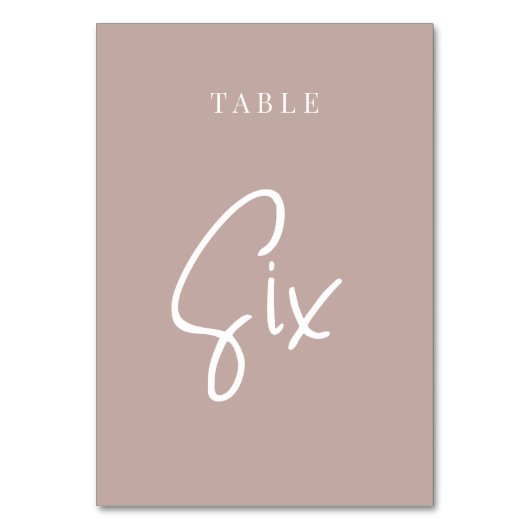 Rose Taupe Hand Skripte Tabelle SIX Tischnummer (Rückseite)
