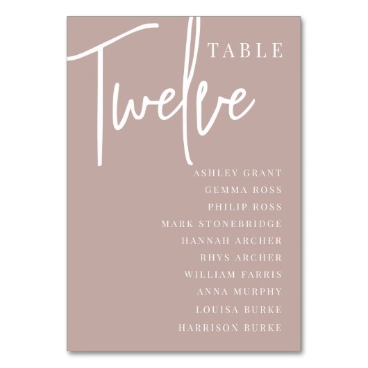 Rose Taupe Hand Skripted Table TWELVE Guest Names Tischnummer (Vorderseite)