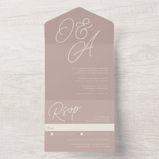 Rose Taupe | Script Watermark Monogram Wedding All In One Einladung (Innen Boden)
