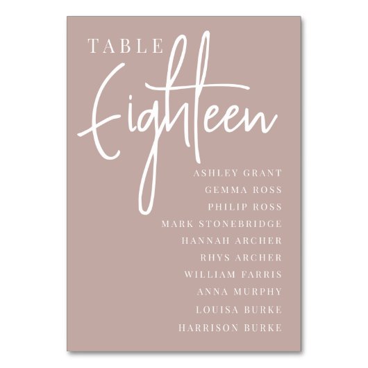 Rose Taupe Scripted Table EIGHTEEN + Guest Names Tischnummer (Rückseite)