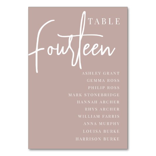 Rose Taupe Scripted Table FOURTEEN + Guest Names Tischnummer (Rückseite)