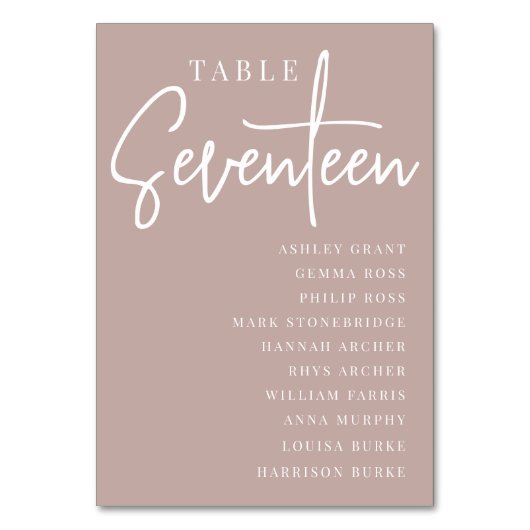 Rose Taupe Scripted Table SEVENTEEN + Guest Names Tischnummer (Rückseite)