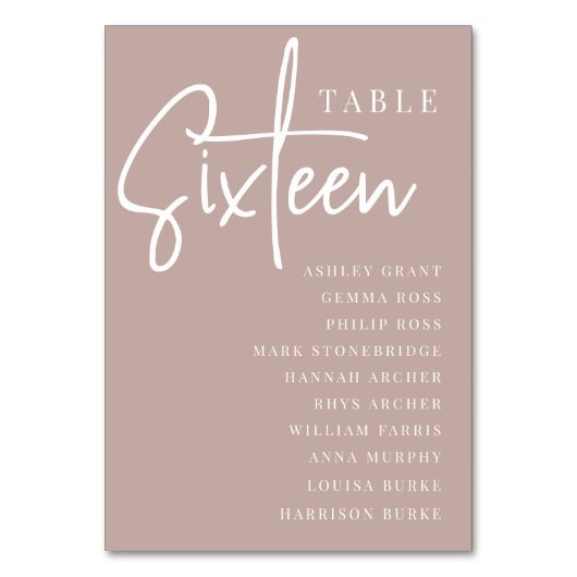 Rose Taupe Scripted Table SIXTEEN + Guest Names Tischnummer (Vorderseite)